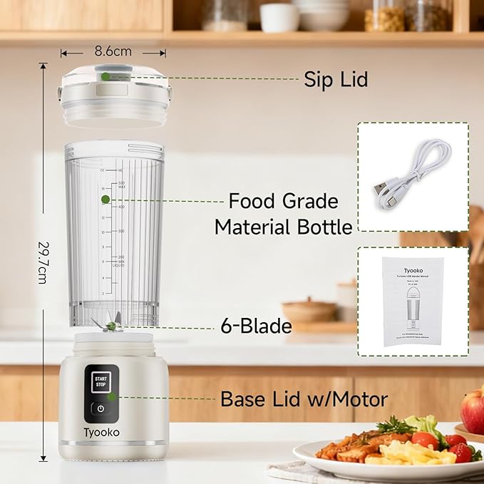 Portable Blender for Smoothies and Shakes 18oz Rechargeable Electric Personal Juicer Cup with Dual Mode 6 Sharp Blade Drink Mixer Bottle with Leakproof-Lid &amp Sip Spout for Kitchen/Travel/Gym (Wh
