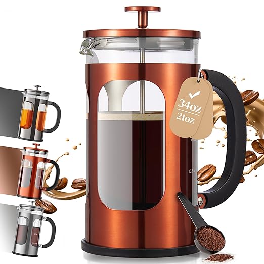 Veken French Press Coffee Maker 34oz 1 L No Plastic Touching Cafe Heat Resistant Thickened Borosilicate Glass Stainless Steel Brewer Cold Brew Cafetera Teapot for Kitchen Travel Camping Copper