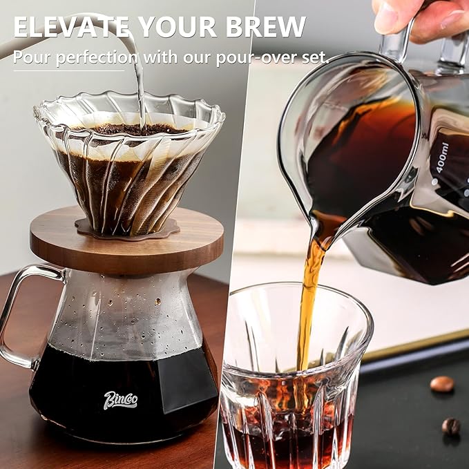 Bincoo Pour Over Coffee Maker Set - Borosilicate Glass Dripper with Walnut Handle &amp Glass Lid 50 pcs Paper Filters Included - 600ml Pour Over Coffee Dripper for Home Café &amp Camping (Dark Gr