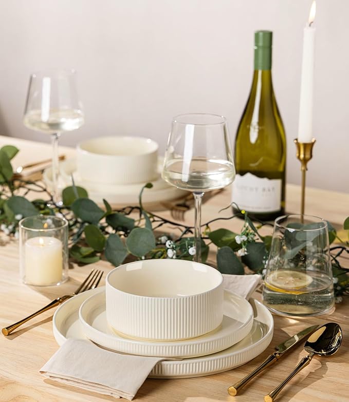 TheTerra Ceramic Dinnerware Sets for 8 24 Pieces Porcelain Lightweight Plates and Bowls Sets Scratch Resistant Dish Set Oven &amp Microwave &amp Dishwasher Safe Beige