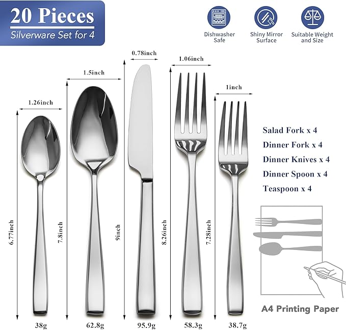 20 Piece Silverware Set for 4 EIUBUIE Premium Stainless Steel Cutlery Set Mirror Polished Flatware Sets Heavy Duty and Solid Modern Kitchen Eating Utensils Sets Include Spoons Forks Knives
