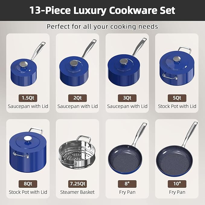 Nuwave Lux 13pc Forged Lightweight Cookware Set PFAS Free Healthy G10 Duralon Ceramic Coating Ultra Non-Stick Stay-Cool Handles Works on All Cooktops &amp Induction Ready
