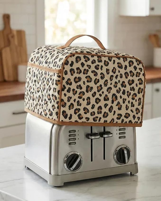 Deosk Toaster Cover 4 slice With 2 Pockets &amp Thickened Sponge Oxford Toaster Covers For 4 Slice Wide Slot and Kitchen Use 12 x 10 x 7.5 (LargeLeopard）