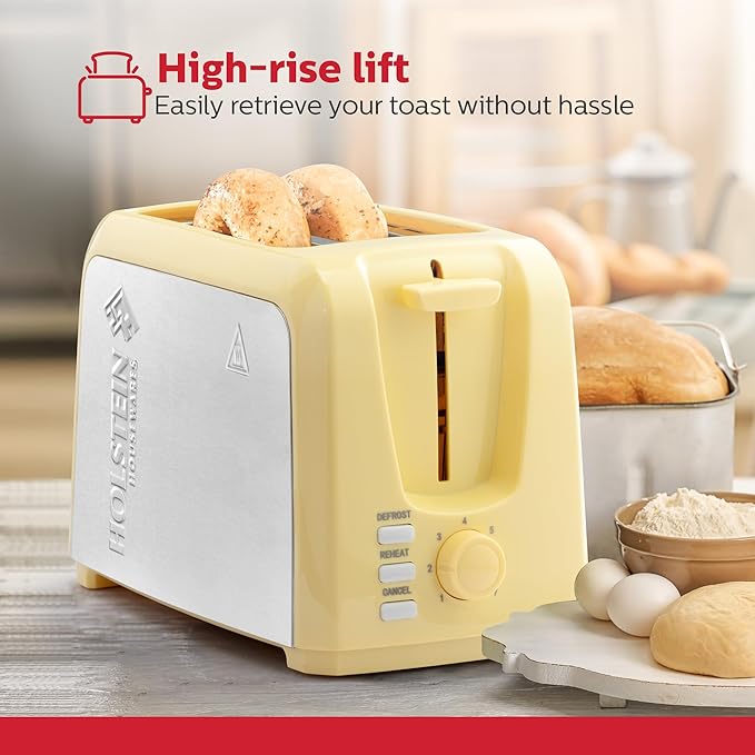 Holstein Housewares 2-Slice Toaster with 7 Browning Settings Extra-Wide Slots Reheat Defrost Cancel High-Lift Release Removable Crumb Tray – Compact Stainless Steel Yellow