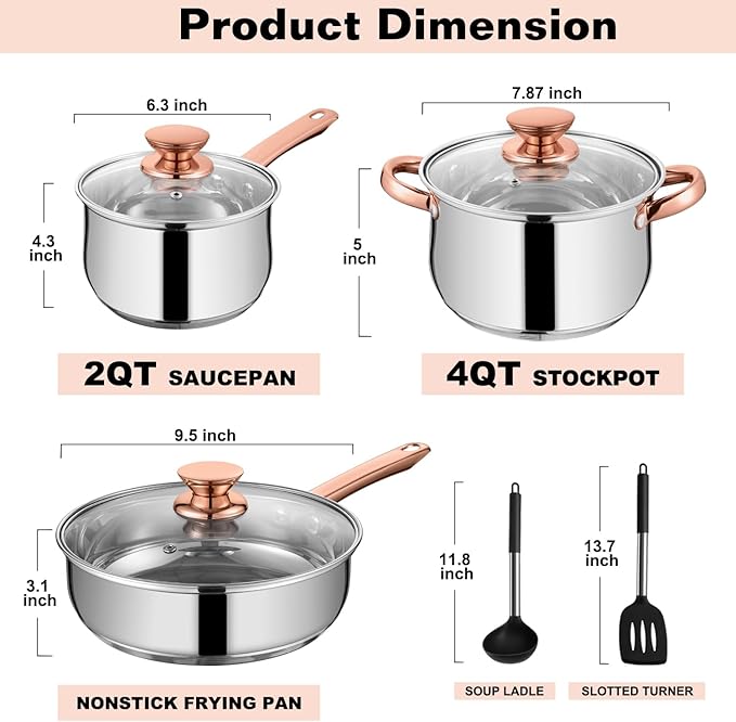 Walchoice 8-Piece Stainless Steel Cookware Set Kitchen Pots and Pans Set with Glass Lid for Cooking Kitchen Cookware Set with Utensils Induction &amp Dishwasher Safe Copper