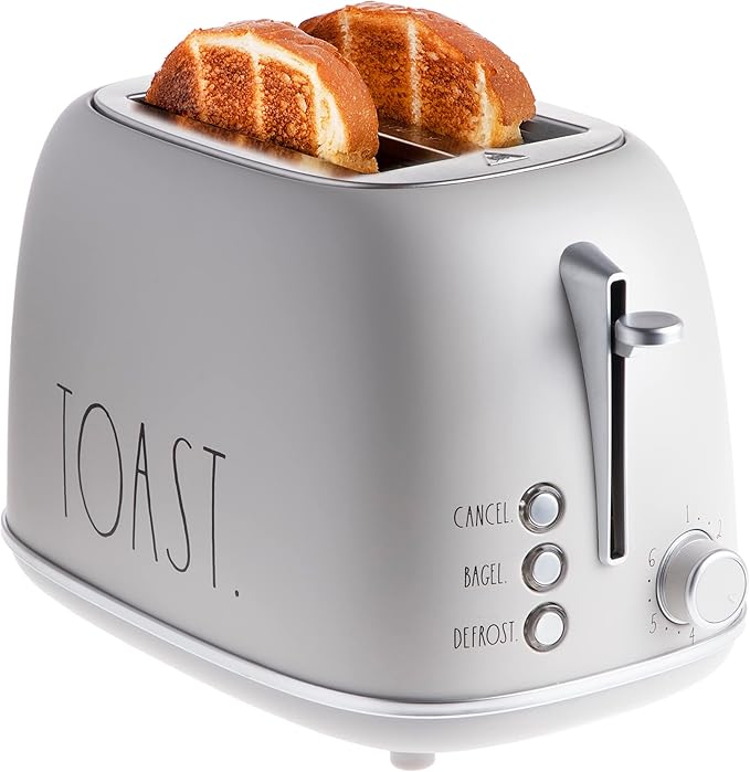Rae Dunn Retro Rounded Bread Toaster 2 Slice Stainless Steel Toaster with Removable Crumb Tray Wide Slot with 6 Browning Levels Bagel Defrost and Cancel Options Sand