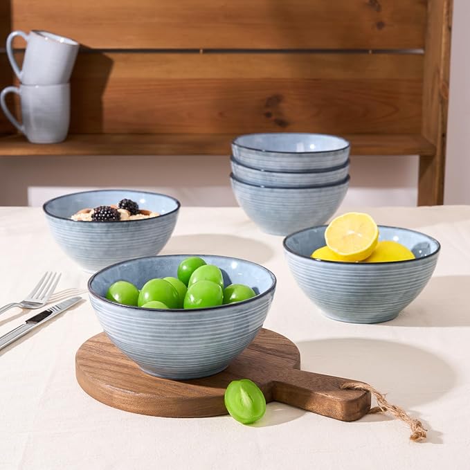 famiware Tempus Plates and Bowls Sets for 8 24 Pieces Stoneware Dinnerware Sets Dishes Set Reactive Glaze Dishware Sets Dishwasher &amp Microwave Safe - Pearl Blue