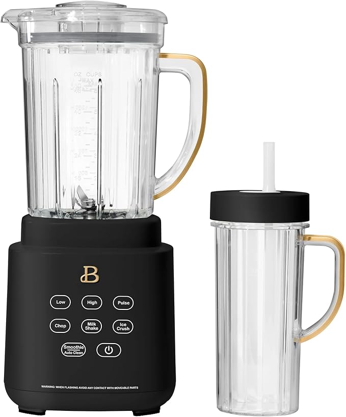 B PowerExact High-Performance 700-Watt Blender by Drew Barrymore 50-Ounce Pitcher Stainless 4-Tip Blade 3 Speeds + 4 Presets Dishwasher-Safe Parts Travel Cup Included (Black Sesame)