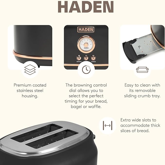 Haden Dorset 2 Slice Wide Slot Stainless Steel Toaster Bundled with 12 Cup Programmable Drip Coffee Maker Coffee Machine Black &amp Copper