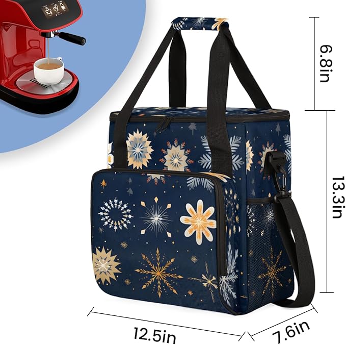 Christmas Snowflakes Coffee Maker Carrying Bag Mystical Snowflakes Travel Storage Bag Compatible with K-Mini or K-Mini Plus Single Serve Coffee Brewer Carrying Case with Pockets &amp Shoulder Strap