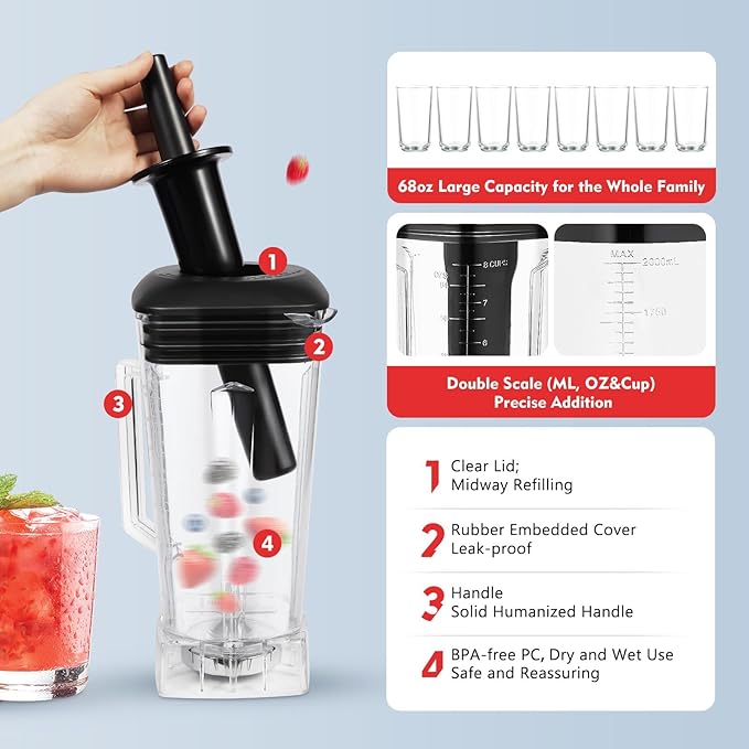 Smoothie Blender 2200W Electric Blender with 6-edge 402 Stainless Steel Blade 68oz BPA Free Jar Small Smoothie Blender with Low Noise 80DB for Milkshakes Smoothies Sauces Fresh Juices