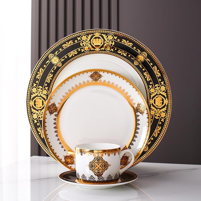 European Style Dinnerware Set Service for 4 Bone China Dinnerware Sets Unbreakable Porcelain Dinner Sets Coffee Cup and Saucer Tableware Set Steak Dinner Plates Dish Set Black bone china-03
