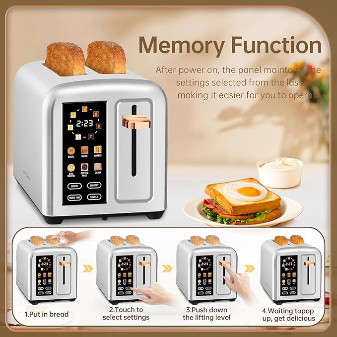 SEEDEEM Toaster 2 Slice Real Touch Screen with LCD Display Single-Slice Function Stainless Steel Toaster 50% Faster Heating 1.5 Wide Slots Removable Crumb Tray 1350W Silver Metallic