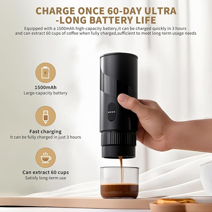 Portable Coffee MachineRechargeable Cafetière Portable de Voyage with USB-C 20bar Electric Coffee Maker for Camping &amp Travel 3-in-1 Car Coffee Maker Compatible with Coffee Grounds&ampCapsule
