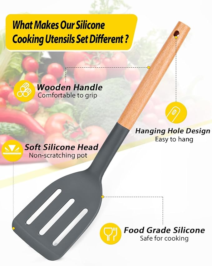 Pack of 4 Silicone Cooking Utensils Set Non Stick Solid Spatulas and Heat Resistant Slotted Spoons with Wooden Handle Ideal Wood Kitchen Utensils Set for FryingServingTurningStirring (GRAY)
