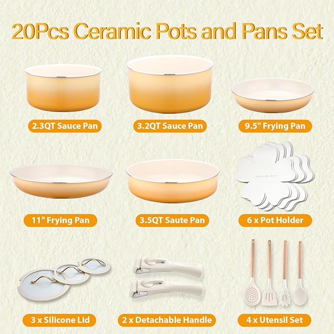 20pcs Ceramic Cookware Set Nonstick Detachable Handle Pots and Pans Set Non ToxicNo PFAS &amp PTFE &amp PFOA Dishwasher/Oven Safe RV Kitchen Set Removable Handle for Cooking Yellow