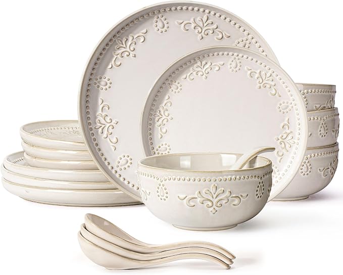 Artena Plates And Bowls Sets 16 Pieces Dinnerware Sets Dish Set For 4 Ceramic Kitchen Bowl And Plate Set Embossed White Dishware Sets Dishwasher &amp Microwave Safe (Damask Floral)