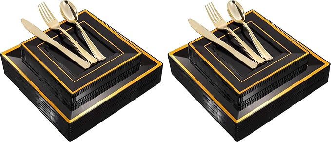 WDF 125Pieces Black Square Plastic Plates with Gold Rim Gold Disposable Silverware - include 25Pcs Dinner Plates25Pcs Dessert Plates25 Forks 25 Knives 25 Spoons for New Year (Pack of 2)