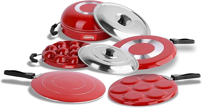 Sumeet Non-Stick Aluminum Cookware Set (Dosa Tawa - 26.5 cm Multi Snack Maker - 26.5 cm D Kadhai with Lid 1.5 L Grill Appam Patra with Lid - 23 cm Concave Tawa -28 cm 2.6 mm Thick Ruby Red)