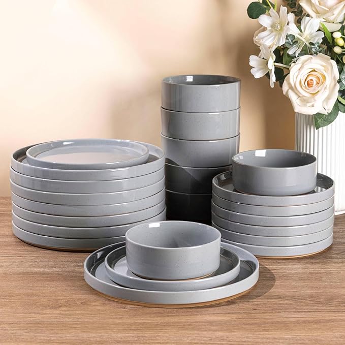 AmorArc Ceramic Dinnerware Set for 8 | Speckled Stoneware Plates and Bowls with Rustic Terracotta Underside| Scratch ResistantDishwasher &amp Microwave Safe Dishes Sets- 24pcs Gray