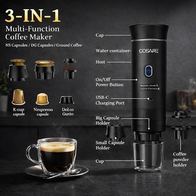 3 in 1 Espresso Coffee Maker – Single ServeGround Coffee Compatible – 19 Bar Pump Fast Heating Compact Design Espresso Portable Machine with Milk Frother for Home &amp Office Use (Black)