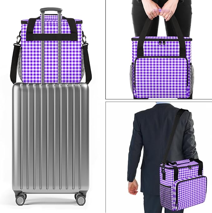 Purple Plaid Coffee Maker Carrying Bag Portable Travel Storage Tote Bag Compatible with K-Mini or K-Mini Plus Single Serve Coffee Brewer Carrying Case with Multiple Pockets &amp Shoulder Strap