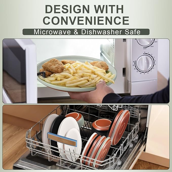 E-far 12-Piece Stoneware Dinnerware Sets Plates and Bowls Sets for 4 Ceramic Dishware Dishes Set with Terracotta Base Chip &amp Scratch Resistant Microwave &amp Dishwasher Safe Speckled Green