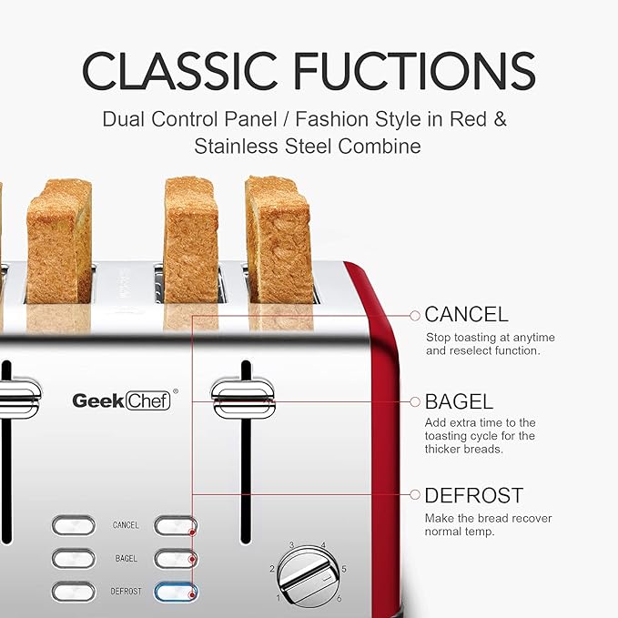 Geek Chef 4 Slice toaster Best Rated Prime Retro Bagel Toaster with 6 Bread Shade Settings 4 Extra Wide Slots Defrost/Bagel/Cancel Function Removable Crumb Tray Stainless Steel Toaster 1500W (Re