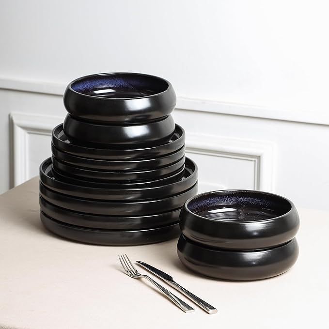 Stone Lain Lagoon 24-Piece Dinnerware Set Stoneware Plates and Bowls set Microwave and Dishwasher Safe Dish Set for 8 Black