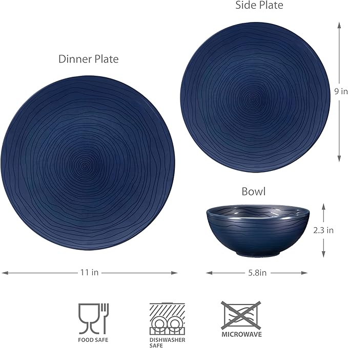 Bzyoo 12 Piece Melamine Dinnerware Set - Durable Dishwasher Safe Organica Navy Blue Plates and Bowls Sets Casual Dish Set for Dining Outdoor and Kitchen