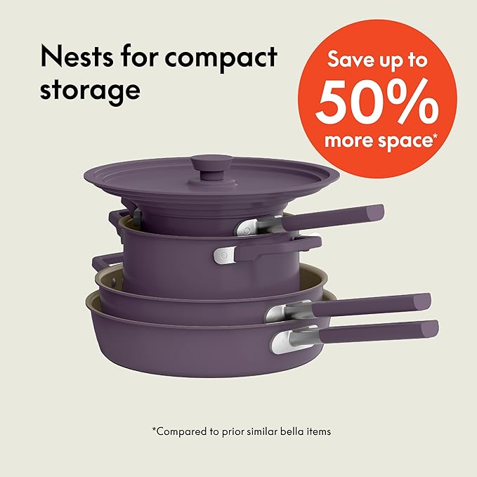 bella 9 Piece Ceramic Nonstick Cookware Set Fits-anywhere™ Kitchenware w EverGood™ Coating Dishwasher &amp Oven Safe All Stovetops Compatible Stackable Design Cool Touch Handles Plum