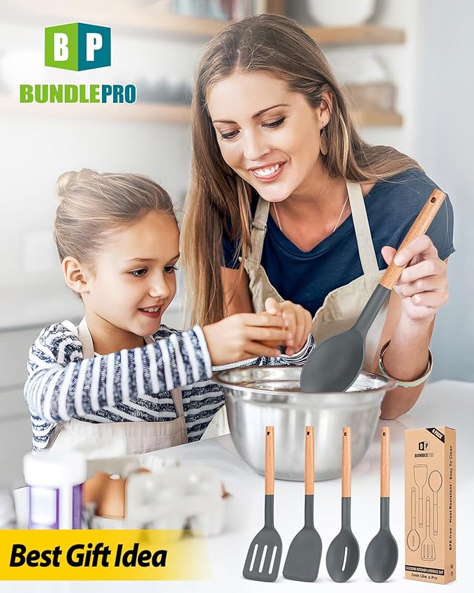 Pack of 4 Silicone Cooking Utensils Set Non Stick Solid Spatulas and Heat Resistant Slotted Spoons with Wooden Handle Ideal Wood Kitchen Utensils Set for FryingServingTurningStirring (GRAY)