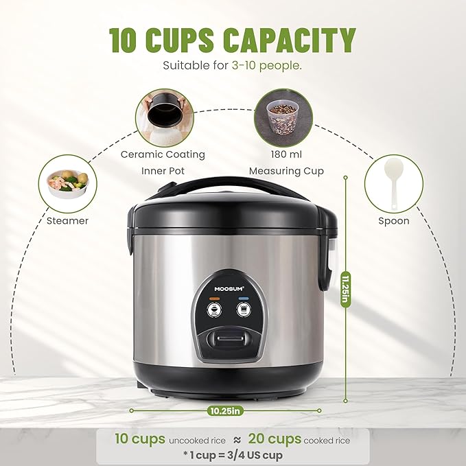 Electric Rice Cooker with One Touch for Asian Japanese Sushi Rice 10-cup Uncooked/20-cup Cooked Fast&ampConvenient Cooker with Steamer Stainless Steel Housing and Auto Warmer
