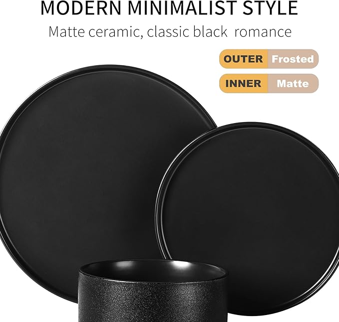 GZG Classic Series - Plates and Bowls Set for 2 6 Piece Stoneware Dinnerware Sets Microwave and Dishwasher Safe Lead-Free Handcrafted Ceramic Dishes Set - Frosted Matte Black