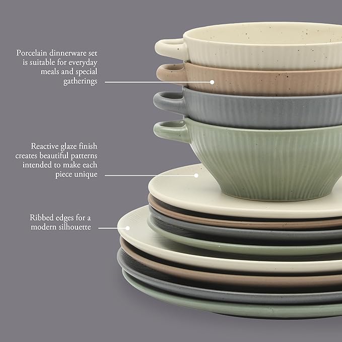 Gibson Elite Clover Hill 12-Piece Stoneware Dinnerware Set – Assorted Colors in Sage Green Charcoal Taupe &amp Cream – Embossed Reactive Glaze Plates &amp Bowls Microwave &amp Dishwasher Safe S