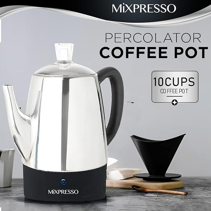 Mixpresso 10 Cup Percolator Coffee Pot Electric Stainless Steel Coffee Percolator Electric With Keep Warm Function Classic Perculator Pot With Removable Basket for Home or Office