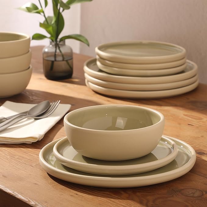 Gibson Elite - Made in Portugal - Port Gaia 12 Piece (Service for 4) Plates and Bowls Reactive Glaze Dishes Stoneware Ceramic Dinnerware Set - Grey