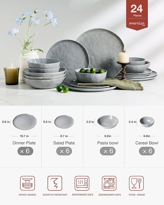 Famiware Porcelain kitchen plates and bowls set Modern dishes set for 6 Handmade Wave Edge Dinnerware Sets Microwave and Dishwasher Safe Tableware Sleek Grey (24pc)