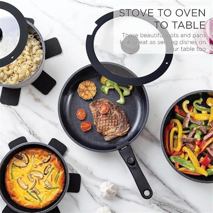 Pots and Pans Set Healthy Safe Ceramic Nonstick Kitchen Cookware with Soft Touch Removable Handle CookwareCream DiamondOne-Black-One