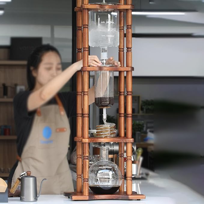 Tower Ice Coffee Maker Capacity Tea Tower Cold Brew Drip Tower with Adjustable Water Flow Slow Drip Cold Brew System Upgrade Your Office Brew with Vertical Style Glass Container - Brown