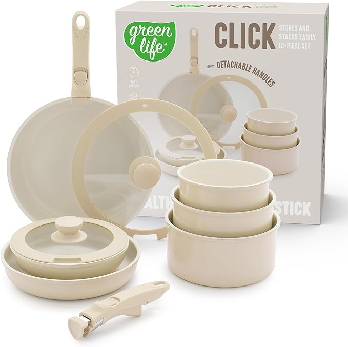 GreenLife 10 Piece Nonstick Pots &amp Pans Set Detachable Handle &amp Stackable Cookware Set Non Toxic PFAS-Free Skillets Induction Kitchen Pans Space Saving Serving Bowls Oven Safe Speckled
