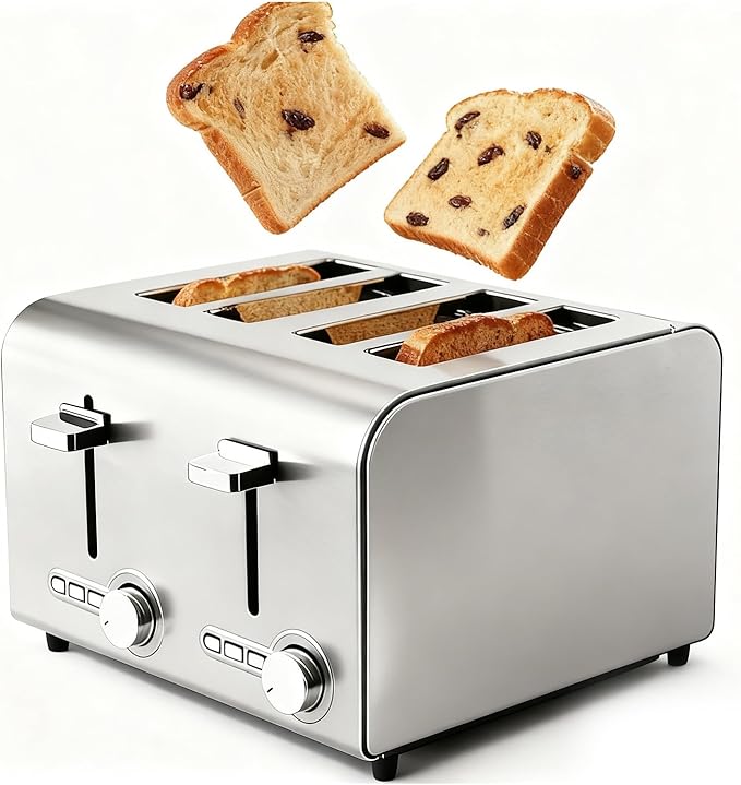 4/6 Slots Toaster with Extra Wide Slots Stainless Steel Dual Independent Controls Bagel Reheat Defrost Cancel High-Lift Lever Home Kitchen or Commercial Use(4 Slots)