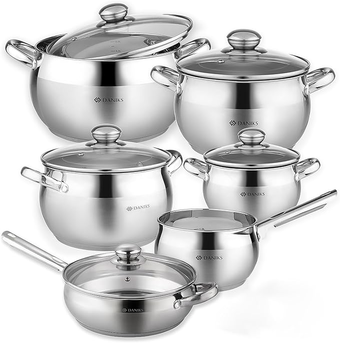 Daniks Classic 11-Piece Stainless Steel Cookware Set with Glass Lids Includes Saucepan and Frying Pan with Lid Tri-Ply Bases for Even Heating Induction Compatible Dishwasher Safe