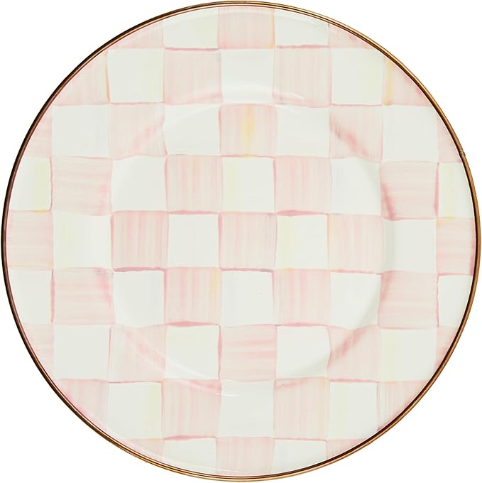 MACKENZIE-CHILDS Enamel Salad and Dessert Plate Small Plate for Appetizers or Desserts 8 Inches Pink-and-White Rosy Check