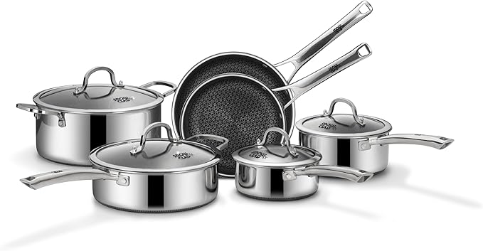 Pots and Pans Set Non Stick 10 Pcs Hybrid Stainless Steel Cookware Sets Non Stick Frying Pans Saucepans Saute Pan &amp Stock Pot PFOA Free Kitchen SkilletInduction Compatible