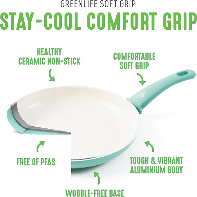 GreenLife Soft Grip Healthy Ceramic Nonstick Cookware Set 7 10 and 12 Frying Pan Skillets 1QT and 2QT Saucepans with Lids PFAS &amp PFOA-Free Dishwasher Safe Turquoise