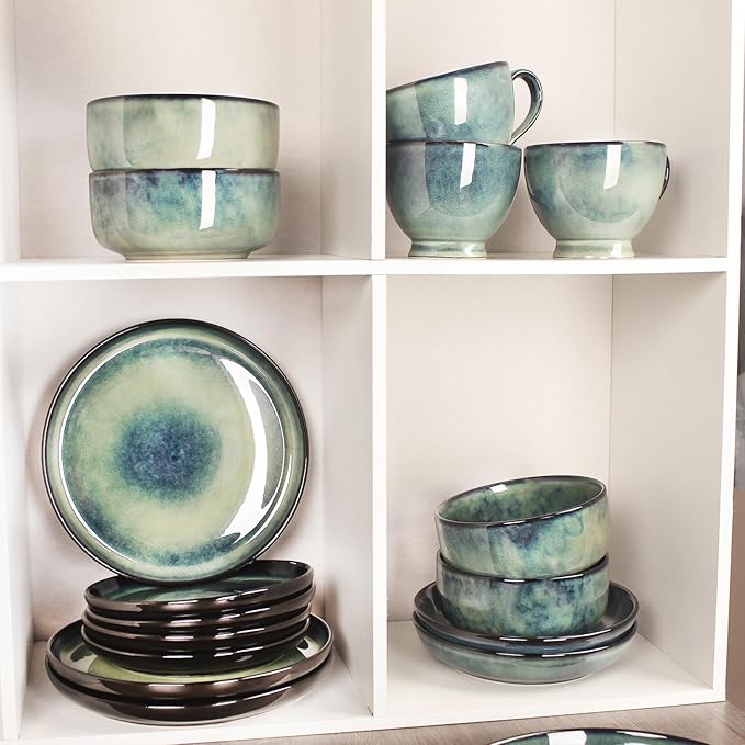 Ceramic Dinnerware (16 pcs) Serve 4 people Plates and Bowls Sets Reactive Glaze Dishes Set Chip Resistant and Scratch Resistant Dishwasher Microwave Safe Suitable for dinner parties