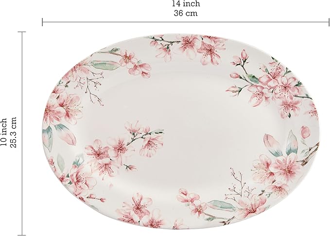 Bico Spring Sakura 16 plus 14 inch Ceramic Oval Platters Set Set of 2 Microwave &amp Dishwasher Safe for Serving Fish Chicken Turkey