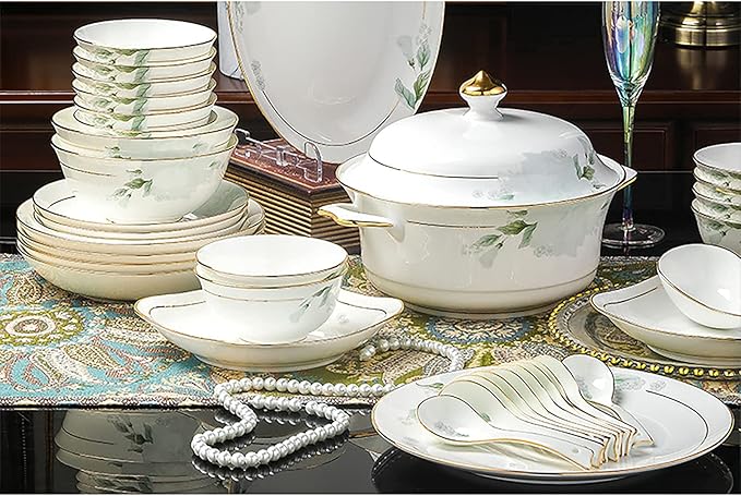 Bone China Dinner Set Porcelain White Dinnerware Kitchen Dinning Round Tableware Combination Set with Cereal Bowls Dessert Plates and Soup Plates (60 Pieces Service for 10 People)
