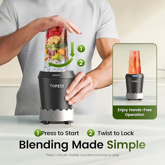 TOPZEE Personal Smoothie Blender 1000W Single-Serve Blender with 24oz To-Go Cup Twist-On Start/Stop for Protein Shakes &amp Smoothies Compact Countertop Blender Black